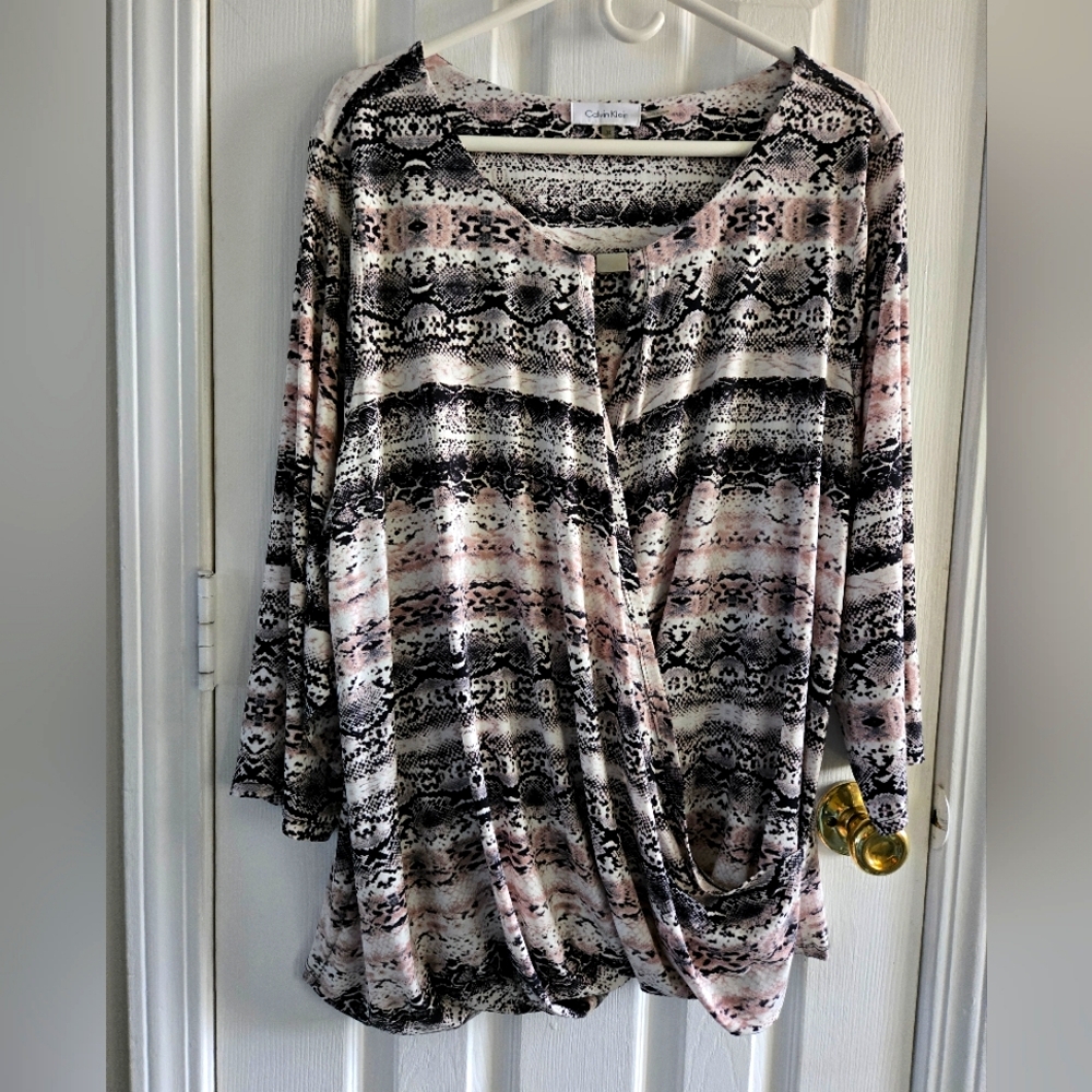 Calvin Klein 3X crossover faux wrap blouse neckline has silver hardware closure